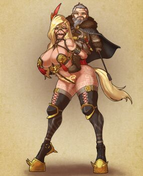 1boy 1girl absurdres bdsm beard bit_gag blonde_hair bondage boots bound dwarf facial_hair fur_trim gag gloves green_eyes highres holding holding_riding_crop long_hair long_sleeves muscular muscular_female original pointy_ears pony_play pubic_tattoo pussy_juice restrained riding riding_crop shoes simple_background slaverider spiked_shoes spikes stirrups_(riding) swain1578 tail tassel tattoo thigh_boots thighhighs