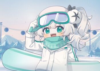 Rule 34 | 1girl, :d, ahoge, alternate costume, coat, commentary request, gloves, goggles, goggles on head, green eyes, green gloves, hair ornament, hat, highres, hill, holding, jacket, long hair, long sleeves, looking at viewer, mountain, open mouth, outdoors, quanmian shidai, scarf, side ponytail, ski goggles, sky, smile, snow, snowboard, solo, teeth, tree, wen xiaomian, wenxiaomian family, white coat, white hair, white jacket
