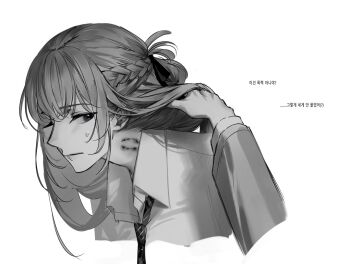 2girls bite_mark bite_mark_on_neck braid closed_mouth collared_shirt commentary diagonal-striped_clothes diagonal-striped_necktie greyscale half_up_braid hand_in_another&#039;s_hair hashtag-only_commentary il_vbs39 korean_text long_sleeves miyagi_shiori monochrome multiple_girls necktie purple_eyes sendai_hazuki shirt shuuniichido_classmate_wo_kau_hanashi simple_background striped_clothes sweatdrop translation_request white_background yuri