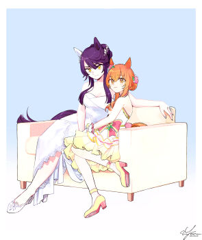 2girls absurdres alternate_costume animal_ears anklet artist_name bare_shoulders breasts cleavage closed_mouth commentary_request couch dress ear_covers flower full_body gloves hair_bun hair_flower hair_ornament high_heels highres horse_ears horse_girl horse_tail jewelry long_hair looking_at_viewer mayano_top_gun_(sunlight_bouquet)_(umamusume) mayano_top_gun_(umamusume) medium_breasts multiple_girls narita_brian_(umamusume) orange_eyes orange_hair purple_hair shoes signature sitting small_breasts smile strapless strapless_dress tail twitter_username umamusume white_dress white_shoes yellow_eyes yellow_shoes yonu_(yonurime)