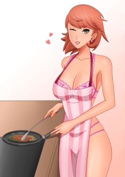 1girl apron bra breasts brown_eyes brown_hair cookie earrings food frying_pan heart jewelry large_breasts lingerie lips looking_at_viewer one_eye_closed panties persona persona_3 ryan_(rrl0215) short_hair takeba_yukari underwear wink