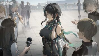 1girl aether_gazer artist_request belt belt_pouch black_belt black_hair black_leotard breasts copyright_name copyright_notice covered_navel crowd detached_sleeves grey_eyes hair_ornament highres holding holding_microphone large_breasts leotard long_braid microphone official_art pouch purple_eyes sideboob tassel yingzhao_(aether_gazer)