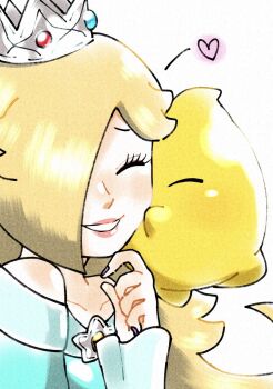 1girl blonde_hair blue_dress brooch closed_eyes crown dress eyelashes hair_over_one_eye heart highres jewelry long_hair long_sleeves luma_(mario) mario_(series) mzg04 nintendo off-shoulder_dress off_shoulder rosalina smile star_brooch super_mario_galaxy upper_body white_background