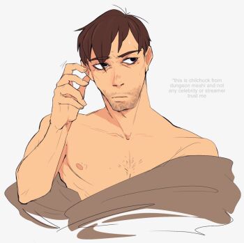 1boy beard_stubble brown_hair chilchuck_tims chilchuck_tims_(tallman) closed_mouth dungeon_meshi english_text facial_hair karina_farek male_focus nipples short_hair simple_background solo sparse_chest_hair stubble