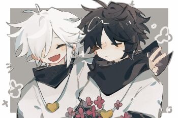 2boys 6353668259 :d ^_^ ahoge alternate_universe antenna_hair bandana bandana_around_neck black_bandana black_hair border brothers chara_(undertale) closed_eyes closed_mouth facing_viewer fang flower frisk_(undertale) gold_necklace grey_background hair_over_one_eye hand_up heart heart_necklace jewelry light_frown male_focus multiple_boys necklace one_eye_covered open_mouth outside_border parted_bangs pink_flower puffy_short_sleeves puffy_sleeves short_sleeves siblings simple_background skin_fang smile u_u undertale upper_body utdr_(toby_fox) w white_border white_hair xtale