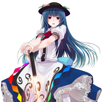 Rule 34 | 1girl, back bow, black hat, blue hair, bow, bowtie, buttons, center frills, collared shirt, commentary request, cowboy shot, crote, fingernails, frills, hat, highres, hinanawi tenshi, holding, holding sword, holding weapon, large variant set, long hair, looking at viewer, open mouth, own hands together, peach hat ornament, petticoat, planted, planted sword, planted weapon, puffy short sleeves, puffy sleeves, red bow, red bowtie, red eyes, shirt, short sleeves, skirt, solo, standing, sword, sword of hisou, tachi-e, teeth, thighhighs, touhou, transparent background, upper teeth only, v-shaped eyebrows, variant set, weapon, white shirt, white thighhighs