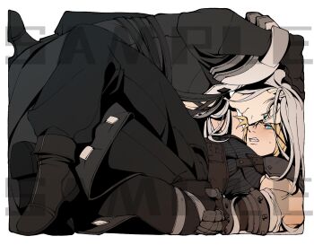 2boys aqua_eyes armor armored_gloves baggy_pants bandaged_arm bandages belt black_coat black_gloves black_pants blonde_hair boots border brown_belt brown_boots chest_strap clenched_teeth closed_mouth cloud_strife coat final_fantasy final_fantasy_vii final_fantasy_vii_remake full_body furrowed_brow gloves grey_hair hair_between_eyes highres long_coat long_hair looking_at_viewer male_focus multiple_boys pants pauldrons sample_watermark sephiroth short_hair shoulder_armor single_pauldron sleeveless sleeveless_turtleneck stuck_in_a_box suspenders sweatdrop teeth tongueeeeeee turtleneck watermark white_border yaoi