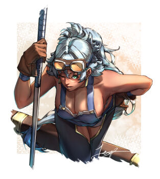 absurdres blue_hair blue_overalls breasts chaps choujuu_giga_gao_road cleavage goggles goggles_on_head green_eyes highres large_breasts leaning_forward looking_at_viewer one_eye_closed overalls parted_lips sword teppu_tora weapon
