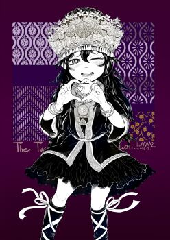 1girl bracelet chinese_commentary clothing_request commentary_request dress flat_chest greyscale_with_colored_background hat heart heart-shaped_pupils heart_hands highres jewelry long_hair looking_at_viewer mimit one_eye_closed open_mouth original smile solo symbol-shaped_pupils