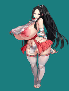 1girl areola_slip arms_behind_back black_hair borrowed_character breast_curtains breasts bridal_gauntlets cleft_of_venus clothes_lift clothing_cutout covered_erect_nipples curvy elbow_gloves fat_mons full_body gigantic_breasts gloves groin hair_ornament highres hip_vent huge_areolae huge_nipples japanese_clothes kawahagitei loincloth loincloth_lift long_hair miko nipple_slip nipples no_panties nontraditional_miko original ponytail puffy_nipples purple_eyes pussy revealing_clothes ribbon-trimmed_gloves ribbon-trimmed_legwear ribbon_trim sideboob solo standing thighhighs thighs underboob very_long_hair wide_hips