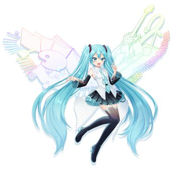 1girl absurdres amarisyuka aqua_eyes aqua_hair aqua_nails aqua_necktie aqua_trim arm_tattoo black_boots black_skirt boots breasts detached_sleeves guitar hair_between_eyes hair_ornament hatsune_miku hatsune_miku_happy_16th_birthday_-dear_creators- highres instrument long_hair long_sleeves looking_at_viewer medium_breasts miku_day necktie official_alternate_costume open_mouth pleated_skirt shirt simple_background skirt smile tattoo thigh_boots thighhighs twintails very_long_hair vocaloid white_background white_shirt wide_sleeves wings zettai_ryouiki