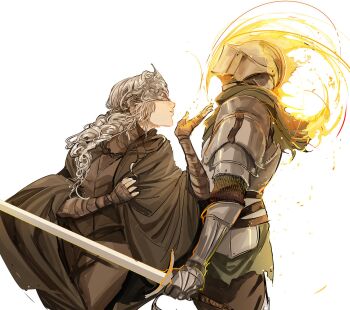 Rule 34 | 1girl, 1other, 6cheetah, ambiguous gender, armor, ashen one (dark souls), bandaged arm, bandages, black cape, black pants, blindfold mask, blowing kiss, brown dress, cape, covered eyes, dark souls (series), dark souls iii, dress, fire, fire keeper, full armor, gauntlets, green scarf, grey hair, helmet, highres, holding, holding sword, holding weapon, long hair, mask, pants, scarf, simple background, sword, torn clothes, torn scarf, weapon, white background