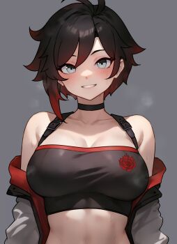 1girl alternate_breast_size_(larger) antenna_hair bare_shoulders black_choker black_hair bluefield blush breasts choker cleavage collarbone commentary grey_background grey_eyes head_tilt highres jacket large_breasts looking_at_viewer open_mouth ruby_rose rwby short_hair simple_background smile solo sweat teeth upper_body white_jacket