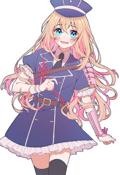 1boy :d arm_at_side armor belt belt_buckle black_necktie black_thighhighs blonde_hair blue_dress blue_eyes blue_hat blush brown_belt buckle buttons collared_shirt cowboy_shot double-breasted dress enon_kt eyes_visible_through_hair flower_knot frilled_dress frilled_sleeves frills hair_between_eyes hand_up hat highres japanese_armor kote long_hair looking_at_viewer male_focus midare_toushirou necktie open_mouth puffy_short_sleeves puffy_sleeves shirt short_sleeves shoulder_armor simple_background single_sode smile sode thighhighs touken_ranbu trap white_background white_shirt wing_collar zettai_ryouiki