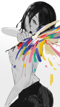 Rule 34 | 1girl, black skirt, chainsaw man, commentary, dress, explosion, from side, grenade pin, hair between eyes, highres, looking ahead, medium hair, reze (chainsaw man), ribbon, scene reference, shirt, shirt tucked in, simple background, skirt, sleeveless, sleeveless dress, solo, white background, white shirt, zhazero7