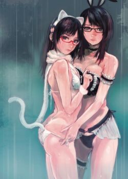 2girls arm_garter ass bare_shoulders bikini black-framed_eyewear black_bra black_hair black_panties bow bra breasts butt_crack choker cleavage commentary_request fatal_frame fatal_frame:_maiden_of_black_water gauss_&lt;bokashi glasses hair_bow highres hinasaki_miu kozukata_yuuri large_breasts lips long_hair looking_at_viewer multiple_girls navel panties rain scarf side-tie_bikini_bottom small_breasts strapless strapless_bra swimsuit underwear wet white_bikini white_scarf