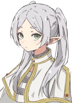 1girl absurdres auhuheben17 capelet closed_mouth elf frieren green_eyes grey_background grey_hair highres long_hair looking_at_viewer pointy_ears solo sousou_no_frieren twintails upper_body