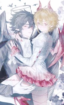 2boys absurdres ahoge angel angel_and_devil angel_wings aotu_world ascot back_cutout bishounen black_choker black_hair black_jacket black_wings blonde_hair blue_eyes carrying carrying_person choker clothing_cutout collared_shirt crossdressing crossdressing_(mtf) demon_boy demon_horns demon_tail demon_wings dress english_text feathered_wings fingernails frilled_dress frills gloves hair_between_eyes halo hand_on_another's_ass hand_on_another's_thigh high_heels highres horns hug jacket king_(aotu_world) long_sleeves looking_at_viewer male_focus multiple_boys nail_polish pale_skin panties parted_lips pink_dress pink_horns pink_nails pink_shoes pink_wings plutoray pointy_ears puffy_sleeves purple_eyes ray_(aotu_world) red_dress sharp_fingernails shirt shoes short_dress short_hair shorts smile string string_of_fate tail thighhighs trap two-tone_dress underwear watermark white_ascot white_panties white_shirt white_thighhighs wings yaoi zettai_ryouiki