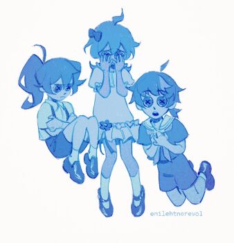 1girl 2boys aged_down ahoge alternate_costume ankle_socks artist_name blue_hair blue_shorts button_eyes buttons child closed_mouth collared_shirt collei_(genshin_impact) commentary diluc_(genshin_impact) double-parted_bangs dress english_commentary enilehtnorevol floating frilled_dress frills full_body genshin_impact ghost hands_on_own_arms hands_on_own_chest hands_on_own_face kneehighs knees_up levitation loafers looking_at_viewer looking_down low_ponytail multiple_boys niwa_(genshin_impact) open_mouth ponytail puffy_short_sleeves puffy_sleeves sad sailor_collar shirt shoes short_ponytail short_sleeves shorts simple_background single_hair_streak socks suspenders teeth upper_teeth_only white_background white_dress white_shirt white_socks wolf_cut