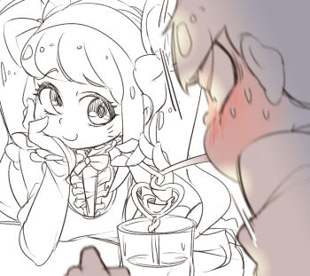 1boy 1girl blush chibimi crazy_straw cup drinking_straw drinking_straw_in_mouth hair_ribbon heart_straw looking_at_another matsuno_ichimatsu osomatsu-san osomatsu_(series) rian_(bdl) ribbon sweatdrop twintails