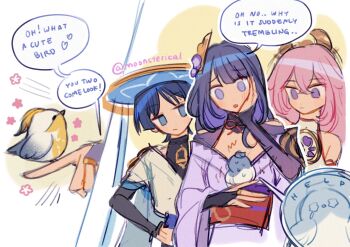 Rule 34 | 1boy, 2girls, arm at side, armpit crease, bare shoulders, bird, bird on hand, black bodysuit, black bridal gauntlets, black hair, blue hair, blue hat, blue jingasa, blue sleeves, blunt bangs, blunt ends, bodysuit, bridal gauntlets, colored inner hair, commentary request, crossed bangs, english text, finch, genshin impact, gold, gold ring, grey eyes, hair between eyes, hand on own face, hand on own hip, hat, highres, japanese clothes, jingasa, jitome, kimono, layered sleeves, long hair, middle ring, moonsterical, mother and child, mother and son, multicolored hair, multiple girls, nontraditional miko, obi, obijime, off shoulder, parent and child, parted bangs, pink hair, purple eyes, purple hair, purple kimono, purple sash, purple shrug, raiden shogun, red sash, sash, scaramouche (genshin impact), short sleeves, shoulder peek, shrug (clothing), simple background, single sode, sketch, speech bubble, streaked hair, swept bangs, turtleneck, turtleneck bodysuit, twitter username, wanderer (genshin impact), white kimono, white sleeves, wispy bangs, yae miko