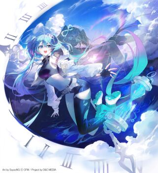 1girl asymmetrical_clothes blue_hair clock fingerless_gloves gloves hatsune_miku hourglass navel single_pantsleg sky solo soyoong_jun tank_top twintails vocaloid