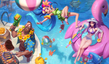 3girls :d alternate_costume alternate_hair_color bare_arms bare_hips bare_shoulders barefoot beard beemo bikini bird bracelet breasts caitlyn_(league_of_legends) cleavage cleavage_cutout clothing_cutout colored_skin crab day duck eyewear_on_head facial_hair fish flat_chest flip-flops flower gangplank_(league_of_legends) goggles green_eyes grill gun hair_flower hair_ornament hat heart heterochromia holding innertube jewelry large_breasts league_of_legends lifebuoy lips long_hair lulu_(league_of_legends) lying medium_breasts miss_fortune_(league_of_legends) multiple_boys multiple_girls navel one-piece_swimsuit open_mouth outdoors pool pool_party_caitlyn pool_party_gangplank pool_party_lulu pool_party_miss_fortune pool_party_ziggs pool_party_zoe purple_eyes purple_hair purple_skin red_hair ribbon rifle rift_scuttler sandals smile sniper_rifle squid_hat sunglasses swim_ring swimsuit teemo very_long_hair water water_gun weapon yordle ziggs zoe_(league_of_legends)