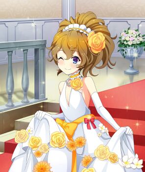 1girl ;) bare_shoulders blue_eyes blush breasts brown_hair cleavage closed_mouth dot_nose double-parted_bangs dress elbow_gloves flower flower_hairband frilled_garter frilled_hairband frills game_cg gloves grey_flower grey_rose hairband kagami_mimi_(toji_no_miko) looking_at_viewer marking_on_cheek neck_garter official_art one_eye_closed orange_flower pillar pink_flower pink_rose plant potted_plant railing red_carpet rose short_hair skirt_hold sleeveless sleeveless_dress small_breasts smile solo sparkle stairs third-party_source toji_no_miko toji_no_miko:_kizamishi_issen_no_tomoshibi wedding_dress white_dress white_flower white_gloves white_rose yellow_flower yellow_garter yellow_hairband yellow_rose