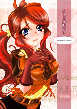 Rule 34 | blue eyes, blush, cowboy western, english text, gemini sunrise, gloves, hair tie, hands on own chest, jacket, kannah, orange jacket, orange skirt, ponytail, red gloves, red hair, sakura taisen, sakura taisen v, shirt, sidelocks, skirt, tearing up, yellow shirt