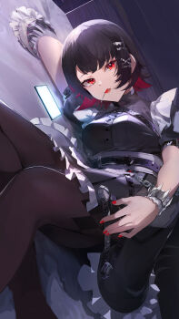 1girl absurdres apron black_dress black_hair black_pantyhose breasts candy cellphone colored_inner_hair dress ellen_joe feet_out_of_frame fins fish_tail food frilled_apron frilled_hairband frills hairband highres large_breasts lollipop lollipop_in_mouth lying maid maid_apron maid_headdress multicolored_hair on_side pantyhose parted_lips phone pink_hair puffy_short_sleeves puffy_sleeves red_eyes red_nails shark_girl shark_tail short_sleeves smartphone solo tail tsutsumikisaki white_apron zenless_zone_zero