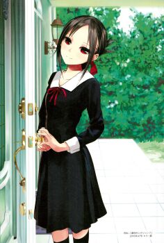 absurdres akasaka_aka black_dress black_hair black_socks chest_ribbon collared_dress door dress folded_ponytail hair_ribbon highres kaguya-sama_wa_kokurasetai_~tensai-tachi_no_renai_zunousen~ kneehighs mansion non-web_source official_art outdoors parted_bangs red_eyes red_ribbon ribbon school_uniform shinomiya_kaguya shuuchiin_academy_school_uniform smile socks