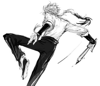 Rule 34 | 1boy, blood, bloody weapon, bracelet, braid, braided ponytail, facing away, fighting stance, floating hair, from behind, greyscale, holding, holding knife, holding sword, holding weapon, jewelry, knife, layered sleeves, leg up, long hair, long sleeves, male focus, monochrome, pants, ponytail, shiguang dailiren, shirt, shoes, short over long sleeves, short sleeves, simple background, single braid, sketch, sleeves past wrists, sleeves rolled up, solo, standing, standing on one leg, sword, tassel, tyoookozuki, undershirt, weapon, white background, xiao weiying