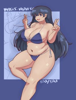 1girl arato_nagi bikini black_hair blue_background blue_bikini blue_eyes blush breasts cleavage double_v hitthat5050 huge_breasts long_hair navel open_mouth plump ruri_no_houseki side-tie_bikini_bottom smile solo standing swimsuit thick_thighs thighs v