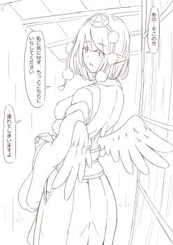 Rule 34 | 1girl, bird wings, breasts, commentary request, detached sleeves, feathered wings, greyscale, hat, highres, japanese clothes, kagami toufu, kimono, kourindou tengu costume, large breasts, looking at viewer, monochrome, official alternate costume, open mouth, pointy ears, pom pom (clothes), rain, shameimaru aya, solo, speech bubble, tokin hat, touhou, translation request, wings