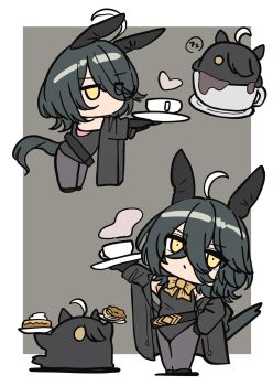1girl ahoge animal_ears black_gloves black_hair black_jacket black_leotard black_shoes border bow brown_bow chibi commentary_request cup eyes_visible_through_hair food gloves grey_background grey_pantyhose hair_between_eyes hair_over_one_eye highres holding holding_plate horse_ears horse_girl horse_tail jacket kawamochi_(kawauti919) leotard manhattan_cafe_(umamusume) multicolored_hair multiple_views off_shoulder open_clothes open_jacket pantyhose plate shadow shoes tail two-tone_hair umamusume white_border white_hair yellow_eyes