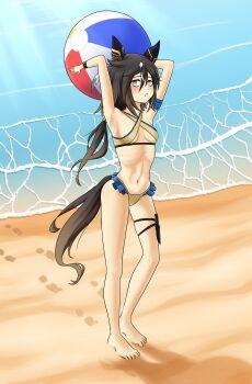 absurdres animal_ears arms_up ball barefoot beach beachball bikini highres horse_ears horse_girl horse_tail nodachinsfw ocean sand standing stay_gold_(umamusume) swimsuit tail umamusume waves