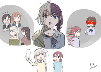 6+girls :< ai_(girls_band_cry) angry black_hair blood blood_on_face blue_eyes blue_shirt blush brown_hair bullying closed_eyes commentary_request diamond_dust_(girls_band_cry) fantasy6gp677 girls_band_cry grey_hair highres iseri_nina kawaragi_momoka long_hair low_twintails multicolored_hair multiple_girls nana_(girls_band_cry) open_mouth ponytail rin_(girls_band_cry) roots_(hair) school_uniform sharp_teeth shirt short_hair short_twintails split_theme teeth twintails yellow_eyes