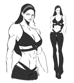 Rule 34 | 1girl, basic0lly, commentary, english commentary, full body, greyscale, hair slicked back, hairband, highres, long hair, monochrome, multiple views, navel, nico robin, one piece, signature, simple background, smile, toned, toned female