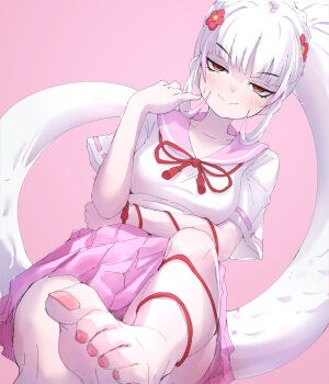 1girl absurdres arm_ribbon barefoot blunt_bangs blush bow bowtie byakuda_(kemono_friends) collar commentary_request flower hair_between_eyes hair_flower hair_ornament highres kemono_friends leg_ribbon looking_at_viewer lowlandgorilla multicolored_hair nail_polish pink_background pink_collar pink_hair pink_nails pink_skirt pleated_skirt red_bow red_bowtie red_eyes ribbon sailor_collar school_uniform serafuku shirt short_sleeves sidelocks sitting skirt snake_girl snake_tail solo sweatdrop t-shirt tail white_hair