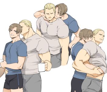 2boys black_shorts blonde_hair blue_eyes blue_shirt brown_hair closed_mouth clothes_lift couple cup dolphin_shorts grey_pants grey_shirt groping holding holding_cup hug hug_from_behind jack_krauser large_pectorals leon_s._kennedy lifting_another's_clothes looking_at_another male_focus multiple_boys muscular muscular_male pants pectorals resident_evil resident_evil:_the_darkside_chronicles resident_evil_4 shirt shirt_lift short_hair shorts smile tatsumi_(psmhbpiuczn) teeth yaoi