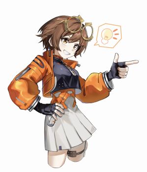 Rule 34 | 1girl, black gloves, black shirt, brown hair, cowboy shot, cropped legs, eyewear on head, finger gun, fingerless gloves, glasses, gloves, grin, hand on own hip, highres, holster, jacket, light bulb, long sleeves, mi (27782900), miniskirt, open clothes, open jacket, orange eyes, orange jacket, pleated skirt, pointing, puffy long sleeves, puffy sleeves, qianqiu (xinyue tongxing), round eyewear, shirt, short hair, skirt, smile, solo, speech bubble, spoken light bulb, teeth, thigh holster, white background, white skirt, xinyue tongxing