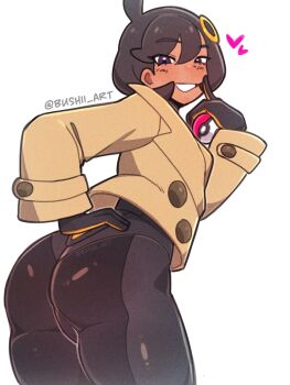 1girl ass black_hair bodysuit bushii_(bo0xhy) dark-skinned_female dark_skin emma_(pokemon) from_behind gloves heart jacket long_sleeves looking_back nintendo poke_ball pokemon pokemon_legends:_z-a short_hair teeth