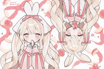 2girls animal_ear_fluff animal_ears apple blonde_hair blush bow commentary eating food fruit hair_bow hat highres holding holding_food holding_fruit long_hair long_sleeves looking_at_viewer multiple_girls original pink_shirt rabbit_ears rabbit_girl red_bow red_eyes shirt sleeve_bow symbol-only_commentary tokareta_tamago upper_body white_background white_hat white_shirt