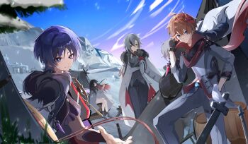 2boys 2girls absurdres ahoge arlecchino_(genshin_impact) arm_under_breasts armor bare_legs barrel bird bird_on_hand black_footwear black_gloves black_hair black_kimono black_pants blue_eyes blunt_ends boots building closed_eyes clothing_cutout coat coat_on_shoulders columbina_(genshin_impact) cross-laced_footwear cross-shaped_pupils crossed_bangs crystal_earrings double-parted_bangs earrings emblem eye_mask fatui_coat finch fur-trimmed_coat fur_trim genshin_impact gloves gold grey_hair grey_pants hair_between_eyes hair_intakes hair_ornament hand_on_own_cheek hand_on_own_face hand_up head_wings highres holding holding_coat holding_unworn_clothes japanese_armor japanese_clothes jewelry kimono kote kurokote long_hair looking_at_viewer mask mask_on_head mitsudomoe_(shape) mountain mountainous_horizon multicolored_hair multiple_boys multiple_girls no_headwear orange_hair outstretched_arm pants parted_bangs parted_lips planted planted_sword planted_weapon purple_eyes purple_hair raised_eyebrow reaching reaching_towards_viewer red_scarf red_trim scaramouche_(genshin_impact) scarf short_hair short_sleeves sidelocks sky smirk snow snow_on_tree stomach_cutout string suyi42478390 sword symbol-shaped_pupils tartaglia_(genshin_impact) tent tomoe_(symbol) tree tundra two-tone_hair unworn_coat vision_(genshin_impact) weapon white_coat white_mask wing_hair_ornament wings x-shaped_eyewear