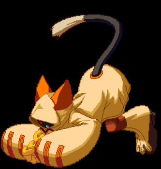 1girl animal_ears animated animated_gif arc_system_works blazblue dark-skinned_female dark_skin female_focus food fruit lowres official_art orange_(fruit) solo tail taokaka