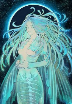 1girl absurdres blue_eyes blue_hair bone colored_skin convenient_censoring glowing highres long_hair long_sleeves looking_at_viewer mermaid monster_girl original see-through_body skeleton smile solo translucent ya0n0524