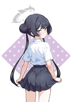 1girl ass ass_focus black_hair black_skirt clothes_lift curvy grey_eyes grey_halo hair_bun hair_buns halo highres kisaki_(blue_archive) kisaki_(school_uniform)_(blue_archive) long_hair looking_at_viewer looking_back looking_from_behind plump shirt sidelocks simple_background skirt skirt_hold skirt_lift twintails very_long_hair white_background white_shirt