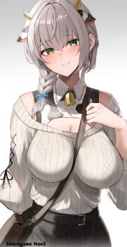 1girl absurdres animal_ears bag blush braid braided_ponytail breasts brown_bag character_name cleavage closed_mouth cow_ears cow_horns green_eyes grey_hair hair_over_shoulder hana_hebi handbag highres hololive horns large_breasts looking_at_viewer official_alternate_costume shirogane_noel shirogane_noel_(casual) smile solo virtual_youtuber
