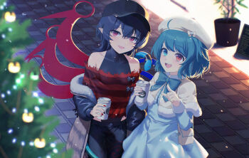 2girls alternate_costume asymmetrical_wings bag bare_shoulders baseball_cap black_bodysuit black_hair black_pants blue_bow blue_bowtie blue_coat blue_eyes blue_hair blue_wings bodysuit bodysuit_under_clothes bow bowtie braid capelet coat collarbone commentary_request commission cup disposable_coffee_cup disposable_cup drinking_glass ear_piercing earrings fur_trim hair_between_eyes hat heterochromia holding holding_cup houjuu_nue jewelry kisamu_(ksmz) long_sleeves looking_at_viewer medium_hair multiple_girls off-shoulder_sweater off_shoulder outdoors pants piercing pointing pointy_ears red_eyes red_sweater red_wings side_braid skeb_commission snake sweater tatara_kogasa touhou touhou_lostword two-tone_wings white_capelet wings