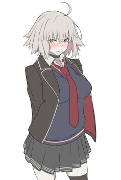 1girl alternate_costume arms_behind_back ayu_(ddestiny944) black_jacket black_skirt black_sweater black_thighhighs blush breasts commentary cowboy_shot english_commentary fate/grand_order fate_(series) grey_hair highres jacket jeanne_d'arc_alter_(fate) large_breasts necktie open_clothes open_jacket pleated_skirt red_necktie school_uniform shirt short_hair simple_background skindentation skirt solo standing sweater thighhighs white_background white_shirt yellow_eyes